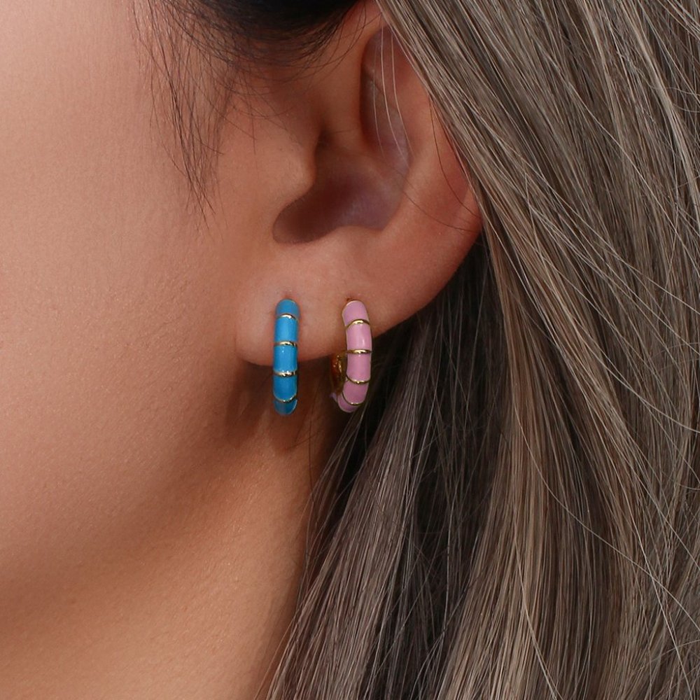 Light Pink Enamel Bamboo C Shape Hoop Huggie Earrings 18K Gold Plated - Picture 3 of 5